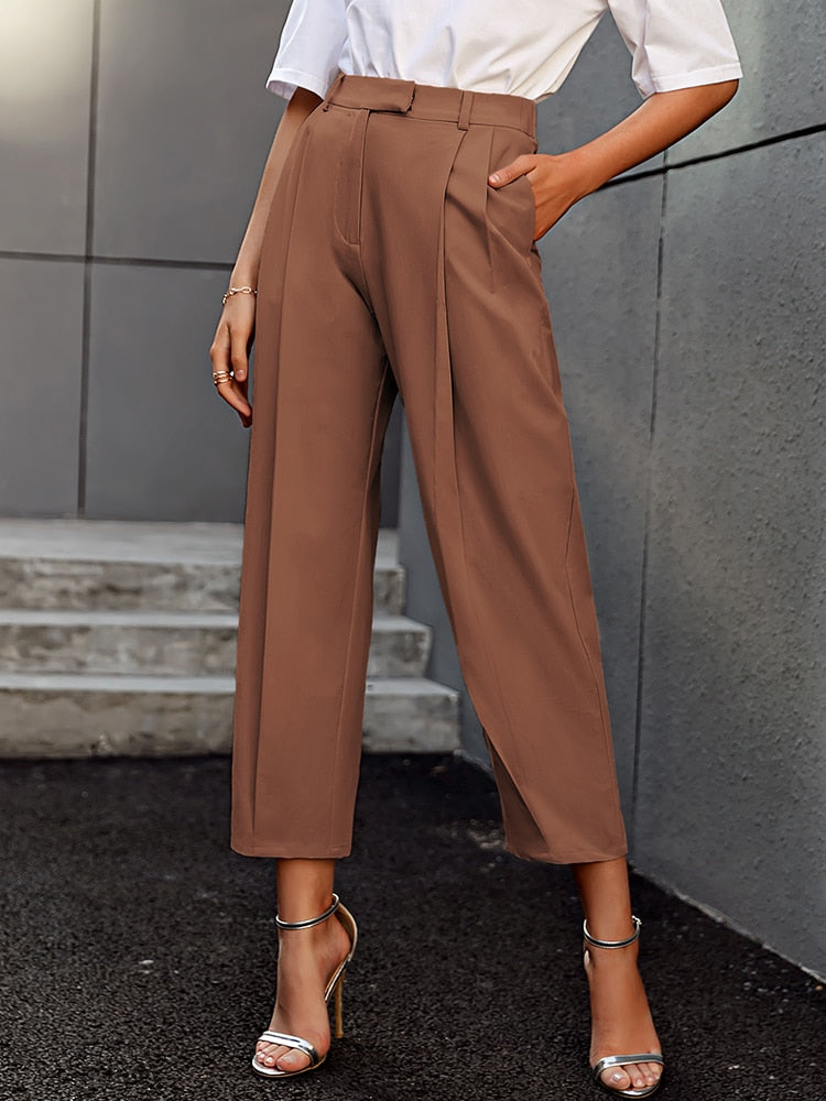 Simplee Solid high waist office lady trousers Loose casual apricot summer women pants