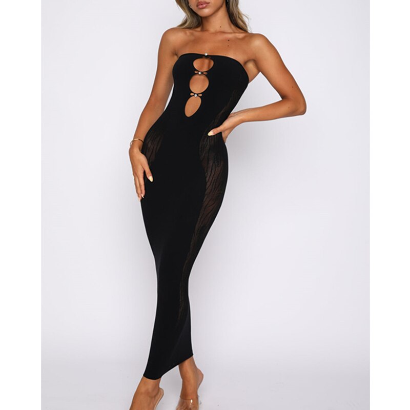 Summer Strapless Backless Tight Vestidos Sexy Party Women Cut Out Sleeveless Mesh Print Patchwork Bodycon Dress