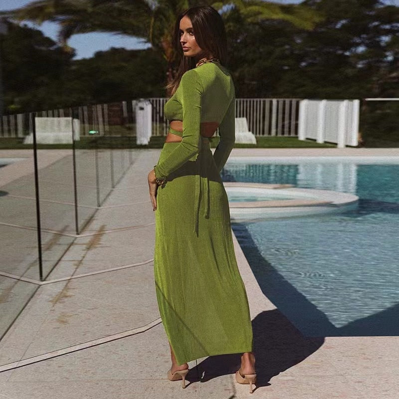 New Long Sleeve Bandage Dress Sets Elegant Women Top And Skirts