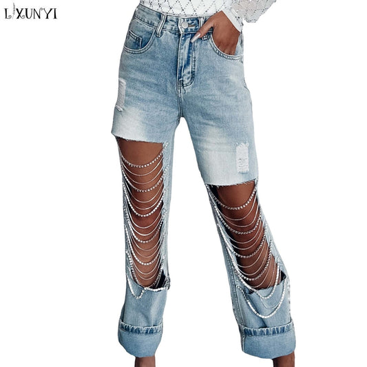 Straight Jeans Women 2023 Spring Summer Holes Diamond Rhinstones Solid Fashion High Street High Waist Cotton Denim Pants