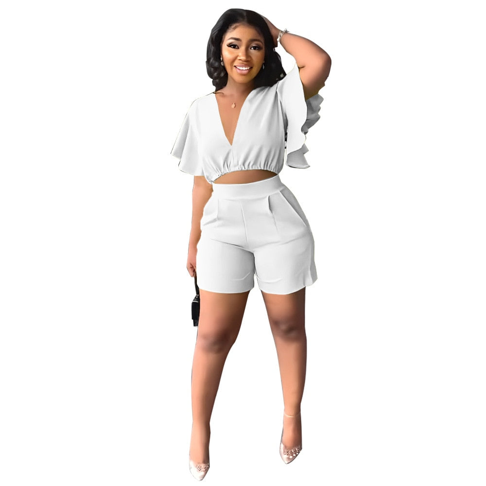 Sexy V Neck Ruffles Sleeve Crop Top &amp; Pockets Shorts Suit