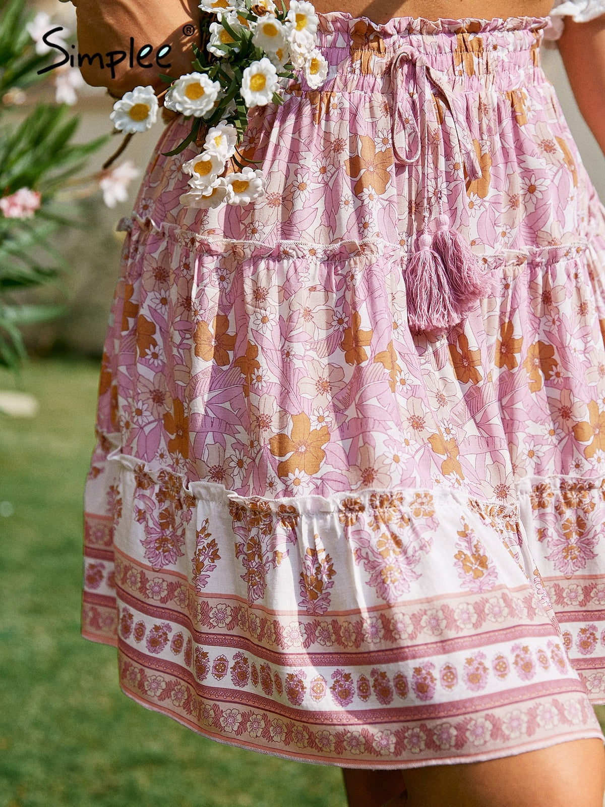 Simplee Boho ethnic tassel lace up print mini skirt summer women Floral elastic bohemian ruffle skirts pink A-line frills bottom