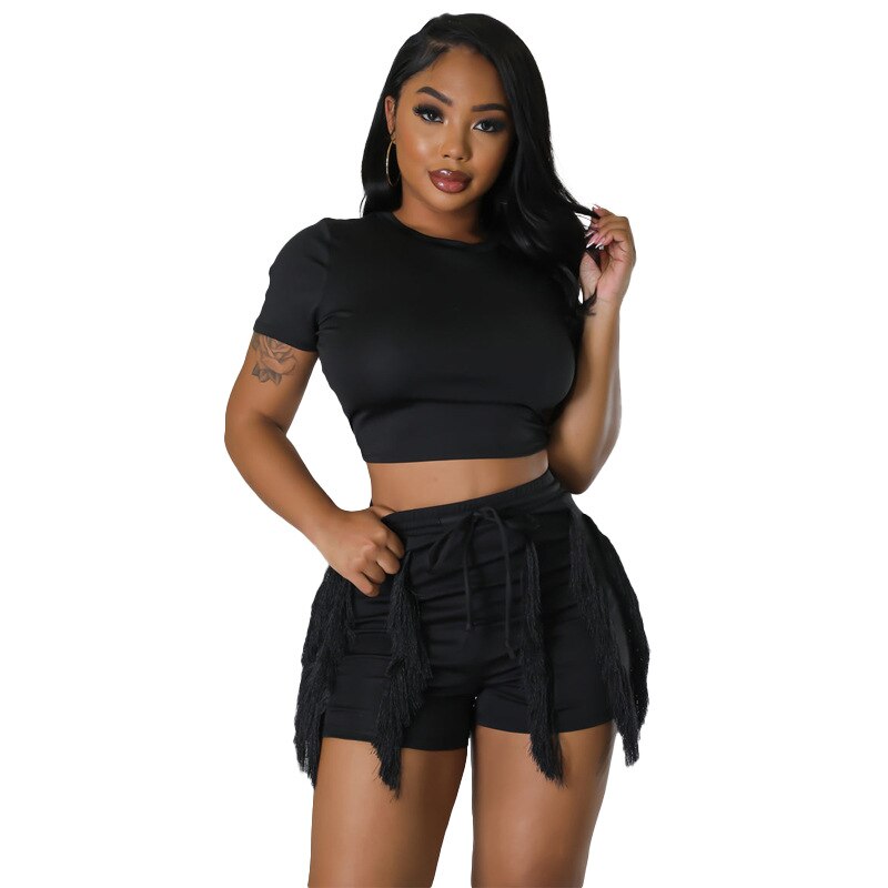Echoine Short Sleeve Round Tshirt Crop Top Tassel Patchwork Shorts Two Piece Set
