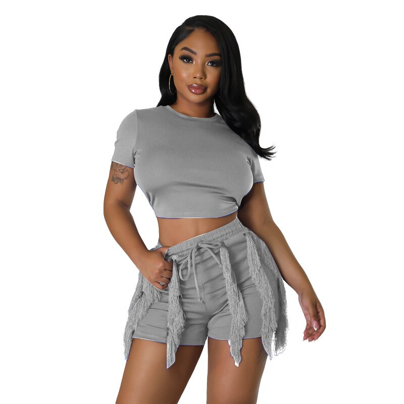 Echoine Short Sleeve Round Tshirt Crop Top Tassel Patchwork Shorts Two Piece Set
