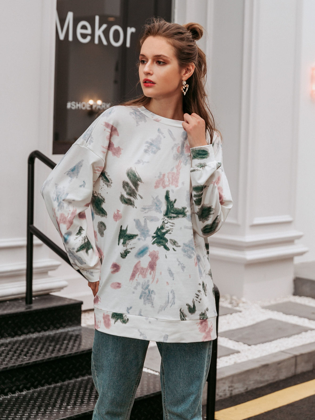 Simplee women's round neck tie dye long sleeve Hoodies