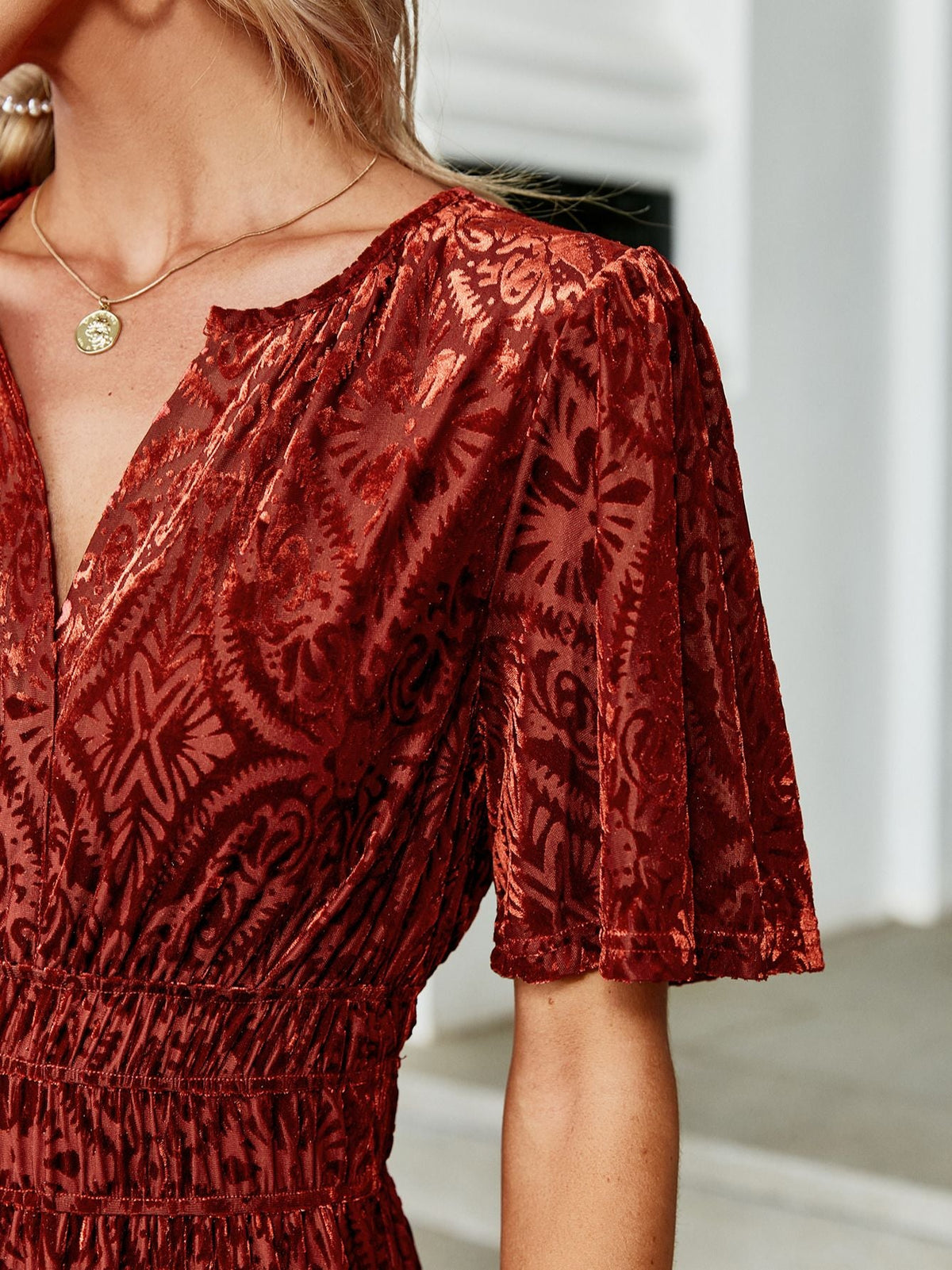 Simplee V-neck flare sleeve print velvet dress Party elegant womem dresses