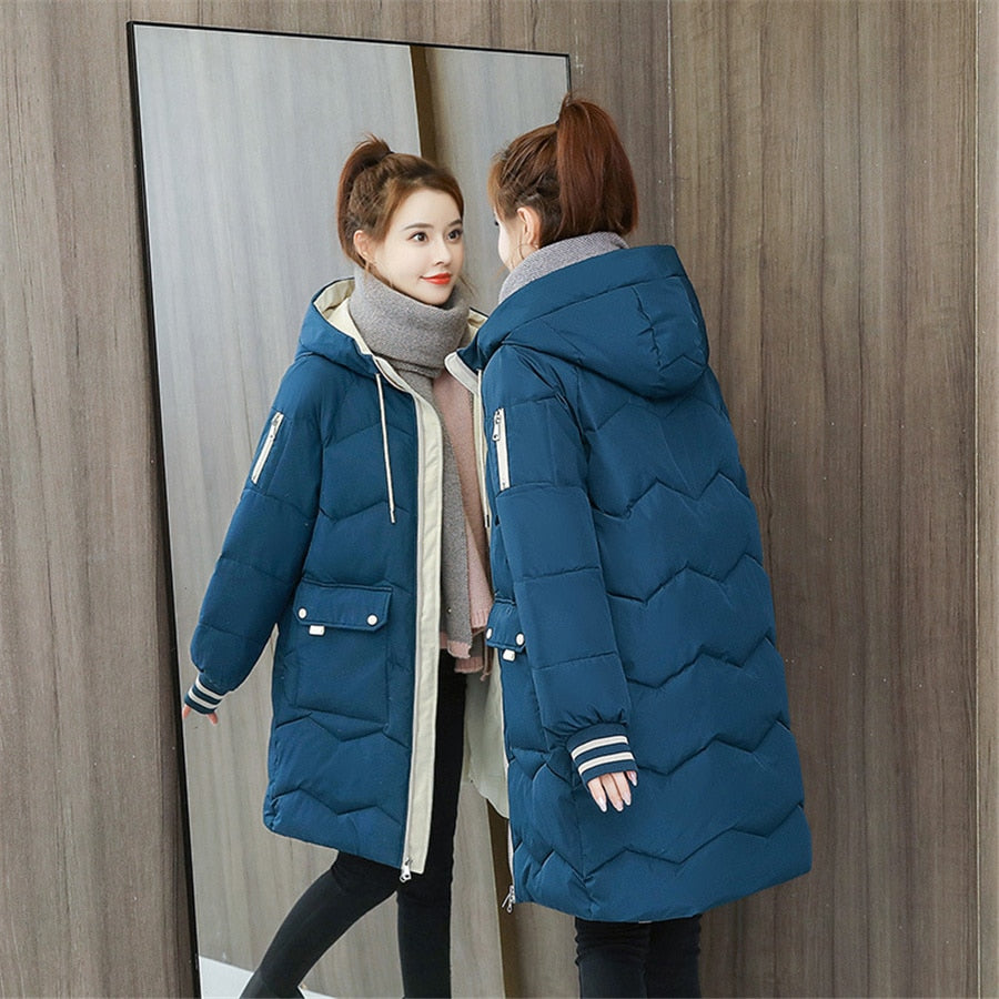 Oversized 4XL Hooded Mid-length Cotton Padded Coat Women Loose Warm Thicken Parka Fluffy Overcoat