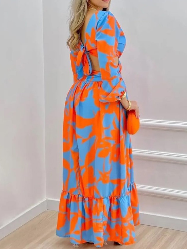 Colorblock Print O-Ring Twist Cutout Split Thigh Maxi Dress