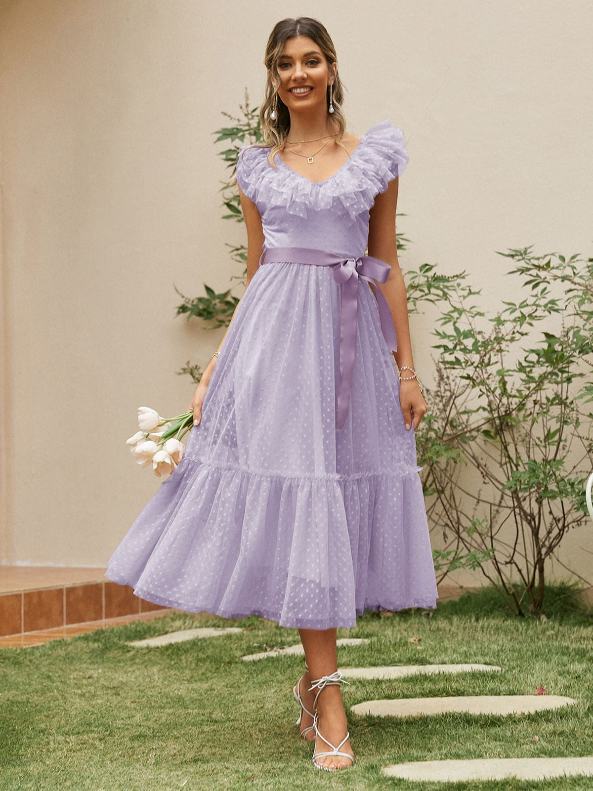 Simplee V-neck mesh polka dot summer tulle party dress women Backless pink ruffle sleeveless dresses Elegant sash maxi vestido