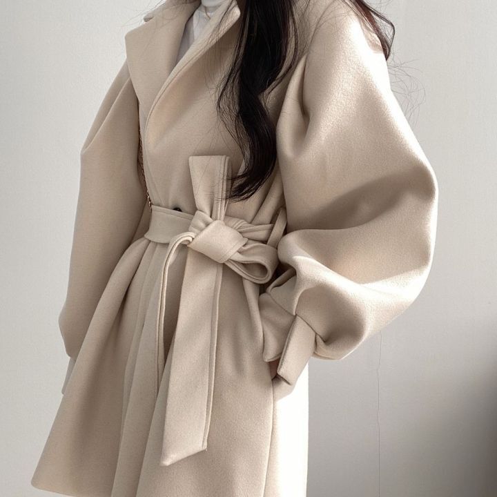 Women Solid Wool Blend Coat Slim Fit Belt Coats