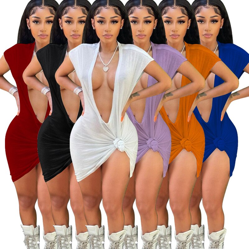 CM.YAYA Women Dress Solid Short Sleeve Deep V-neck