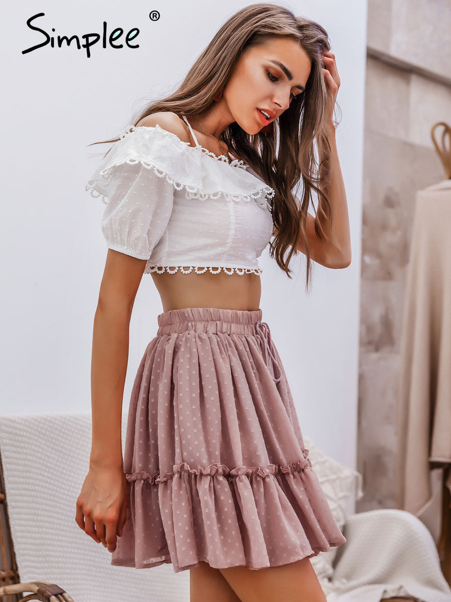 Simplee Casual polka dot mini women skirt High waist A line korean tassel pink summer skirt Sexy ruffle beach female skirts