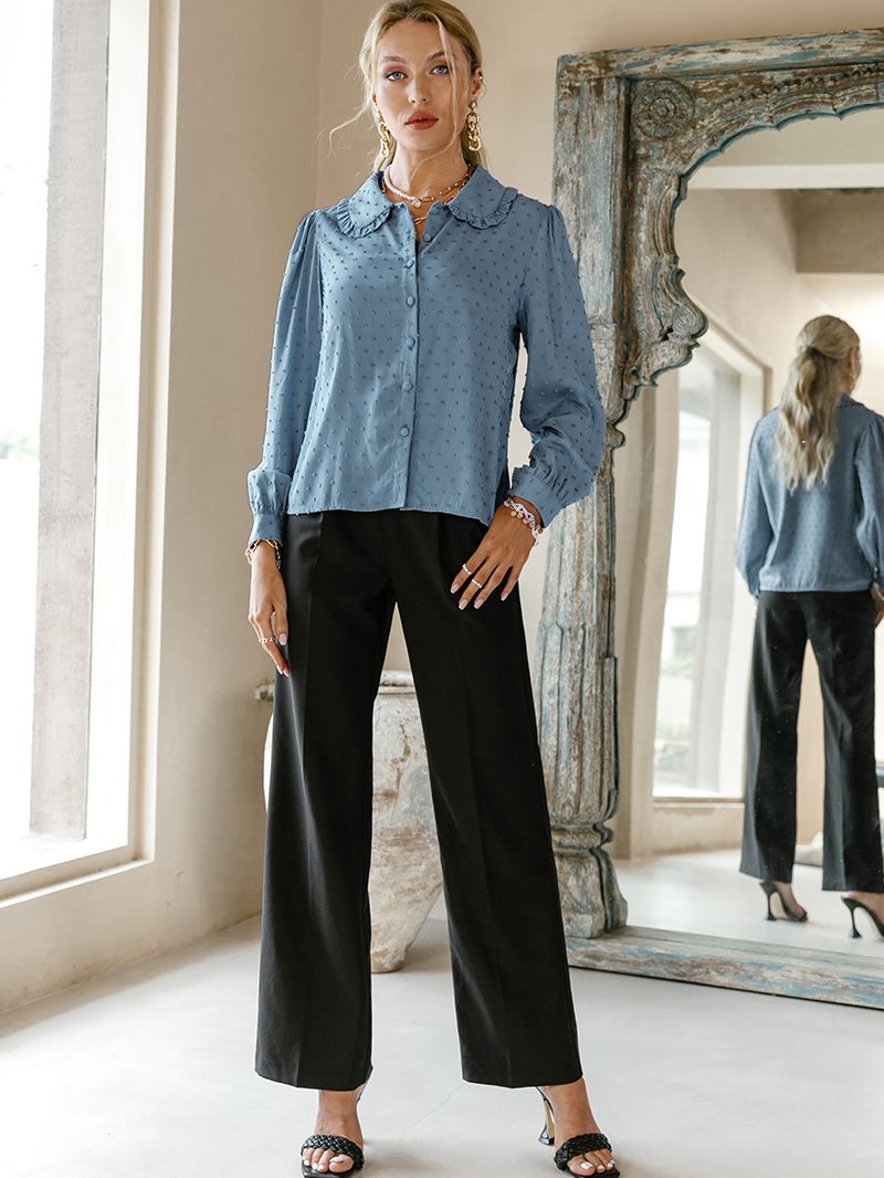 Simplee Office lady ruffle blouse shirt spring summer Solid button up long sleeve shirt