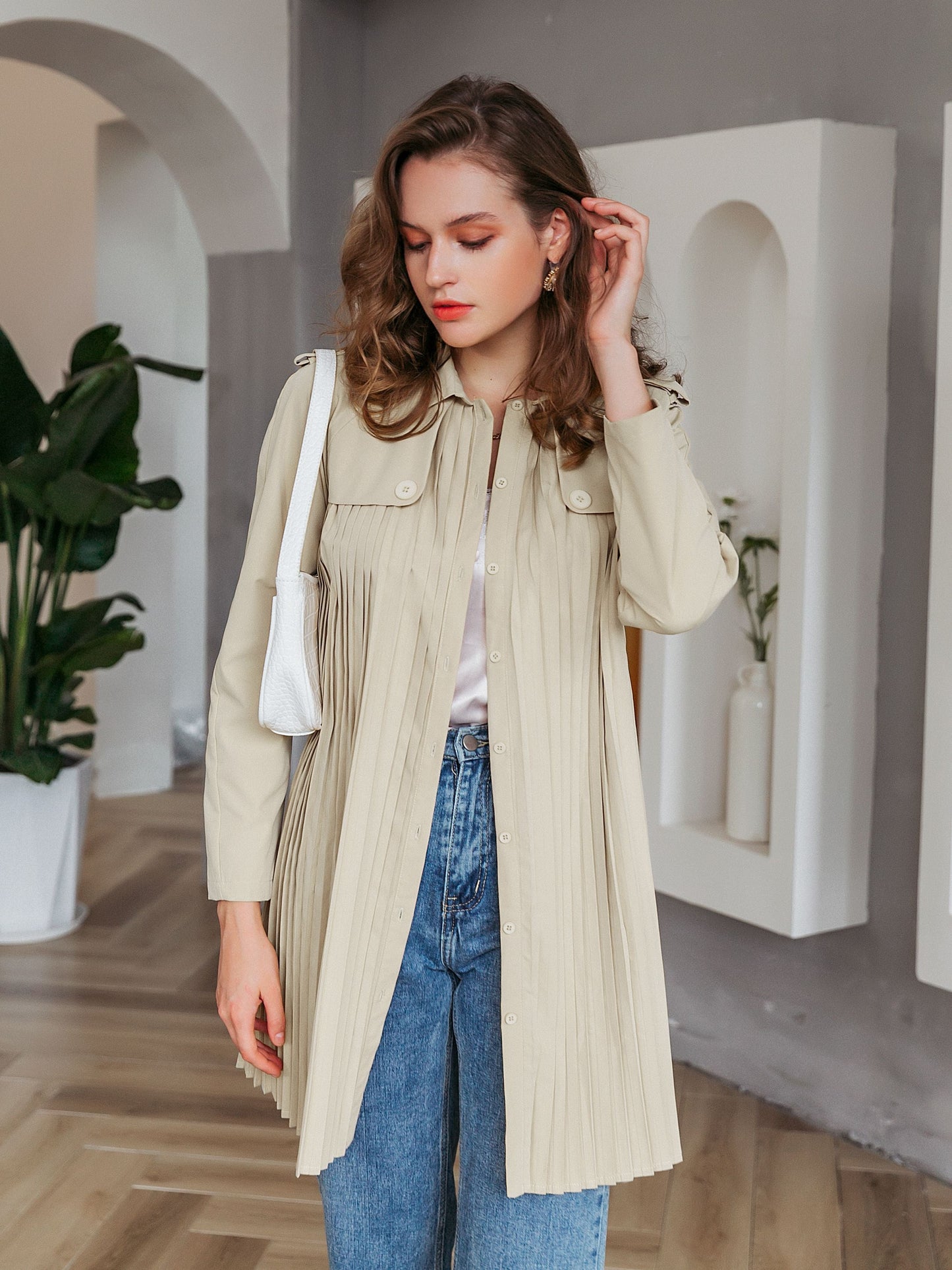 Simplee Casual turn-down collar pleated women trench coat Single-breasted belt female windbreaker High street ladies wind coat