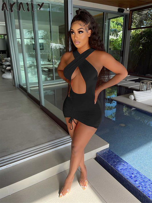 Akaily Summer Sexy Drawstring Balck Bodycon Mini Dresses For Women 2023 Sleeveless Halter Hollow Out Slim Fit Short Dresses