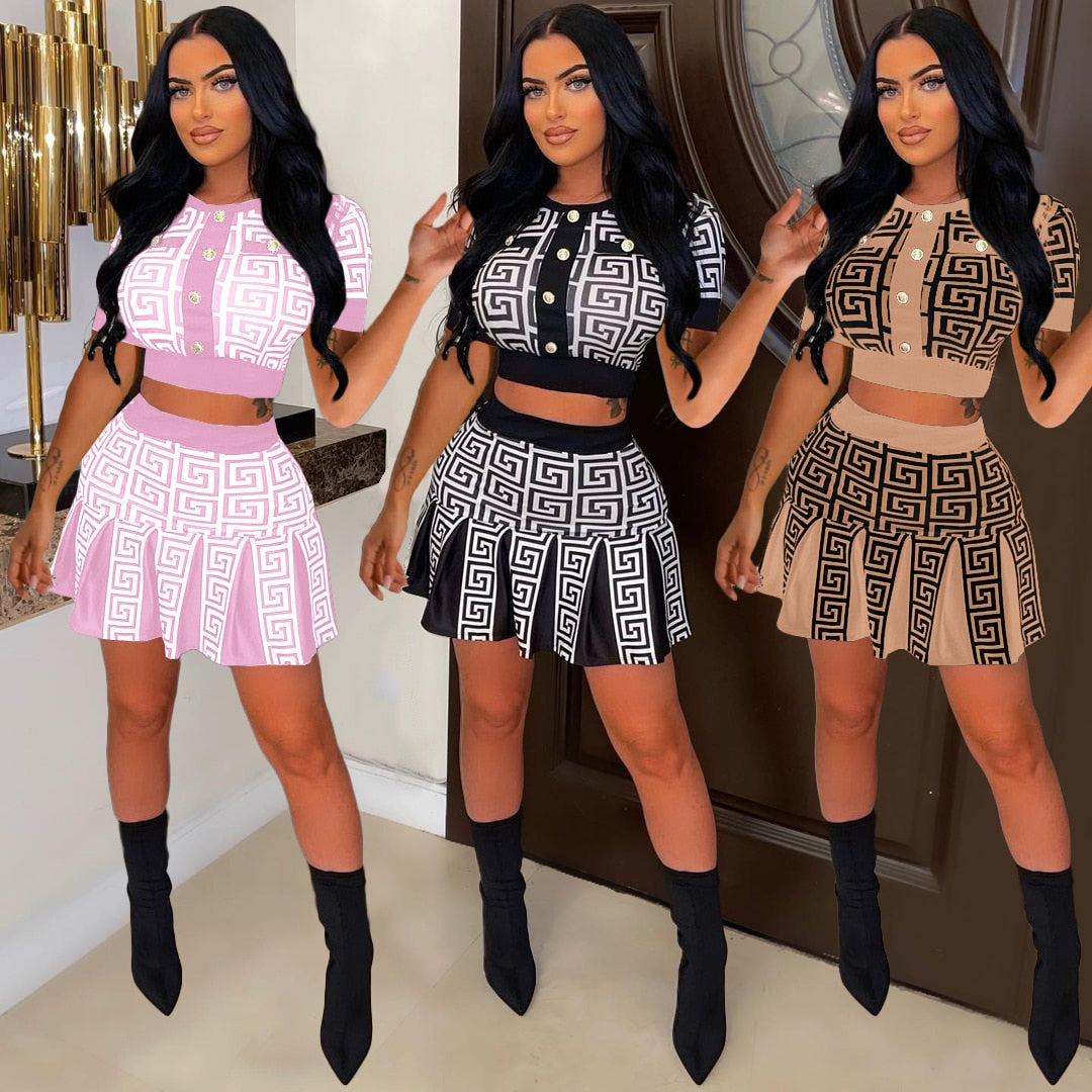 Spring Two-Piece Set Women's Fashion Sexy Round Neck T-Shirt Labyrinth Print Short  Skirt