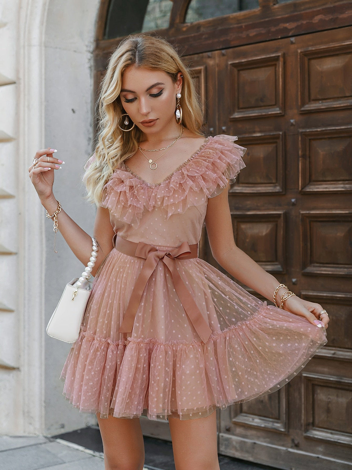 Simplee V-neck mesh polka dot summer tulle party dress women Backless pink ruffle sleeveless dresses Elegant sash maxi vestido