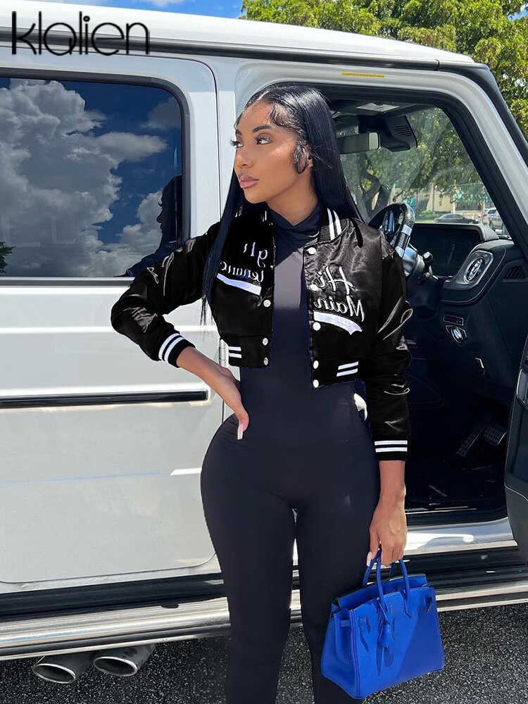 KLALIEN Fashion Casual Slim Coat Women Autumn Simple Print Letter Baseball Uniform Jacket Female Streetwear Sportswear Y2K