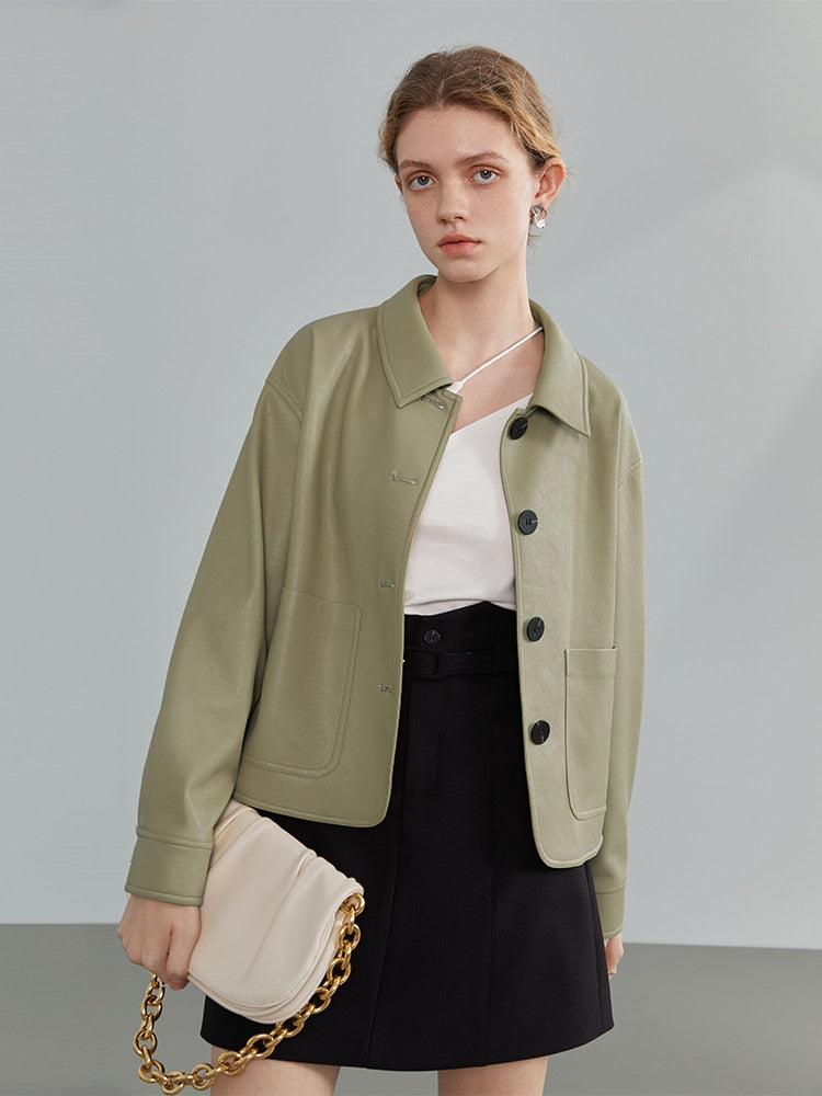 FSLE Polo Collar Full Drop Sleeve Leather Jacket Loose Short Straight Jacket Office Lady Solid Single Breasted Coats