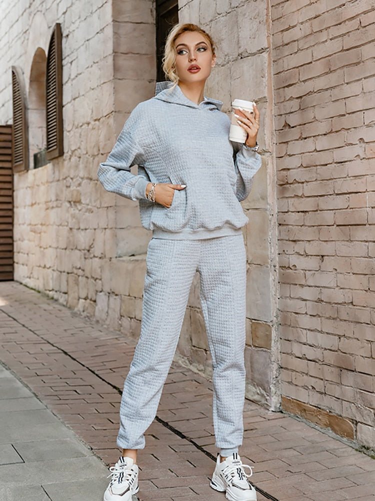 Simplee Casual pocket hooded tracksuit Office elastic soft drop sleeves sweatshirt pant sets Sportwear hoodie two-piece