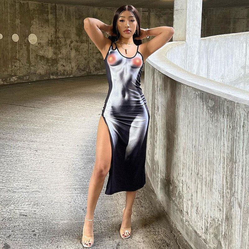 Puloru Sexy Spaghetti Straps Bodycon Midi Dress
