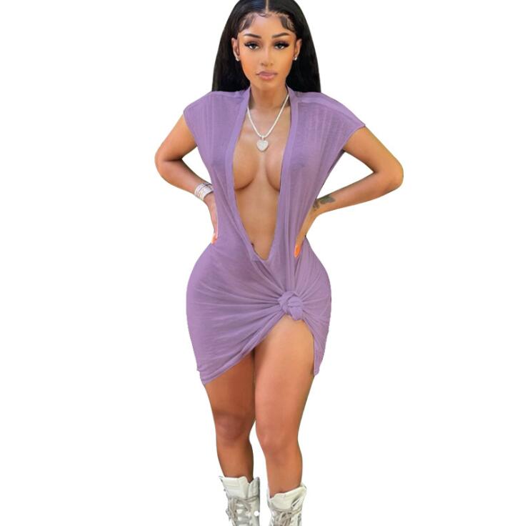 CM.YAYA Women Dress Solid Short Sleeve Deep V-neck