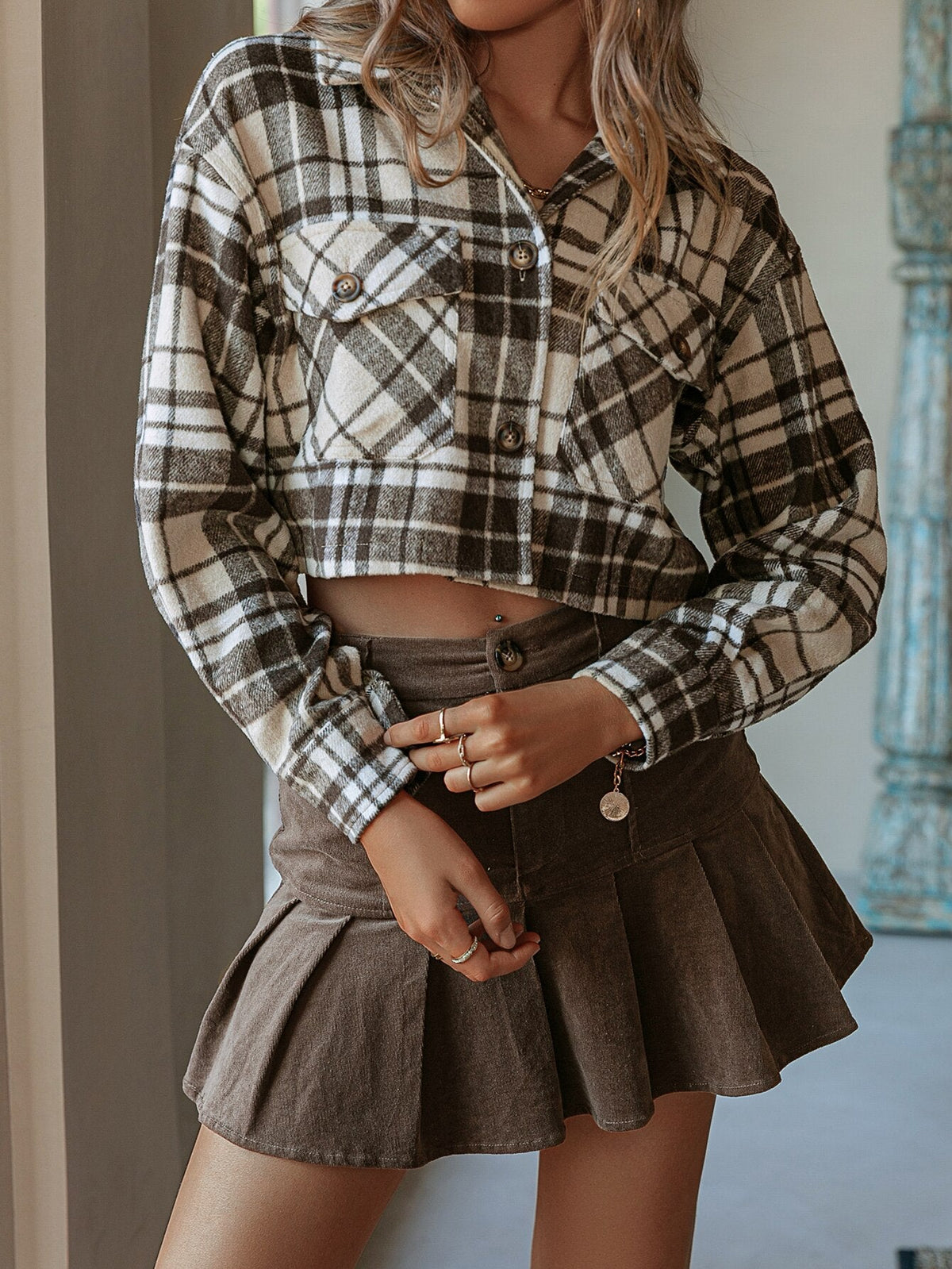 Simplee Y2K plaid buttons long sleeve short coat women Office pocket lapel jacket High street slim female shirt collar outerwear