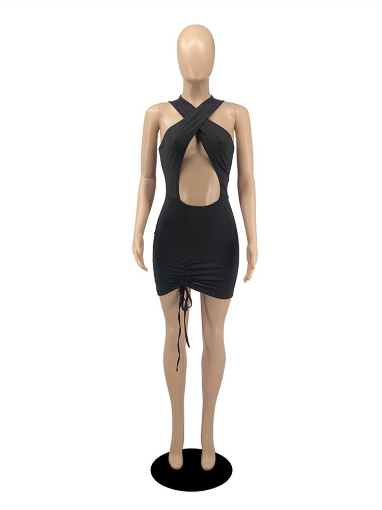 Akaily Summer Sexy Drawstring Balck Bodycon Mini Dresses For Women 2023 Sleeveless Halter Hollow Out Slim Fit Short Dresses