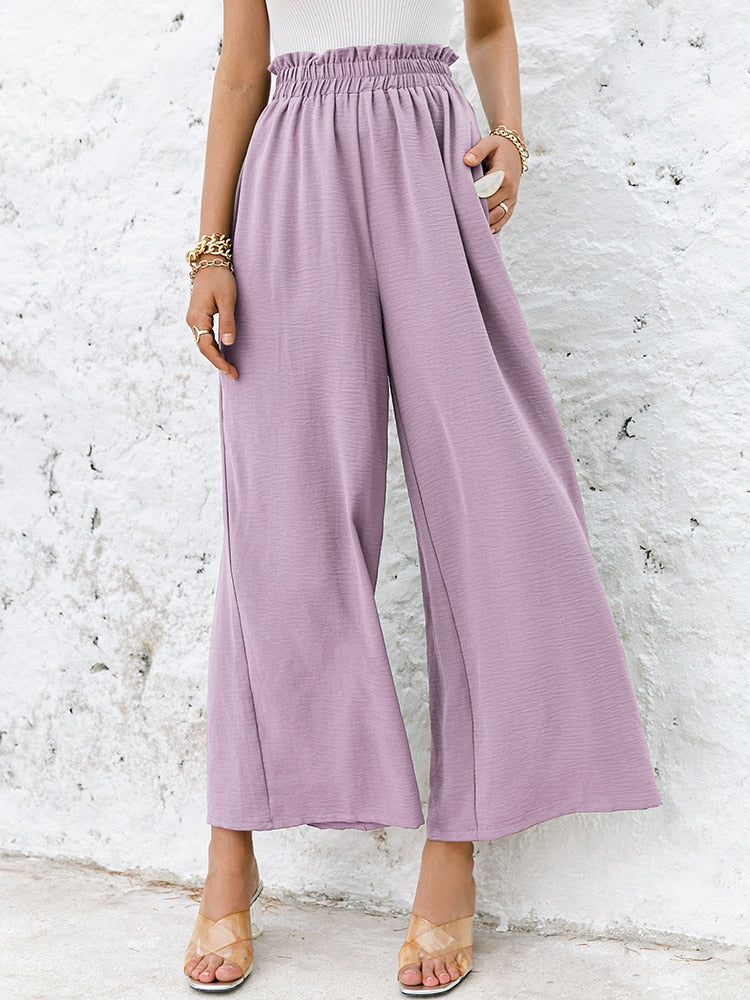 Simplee Solid color high waist wide leg pants