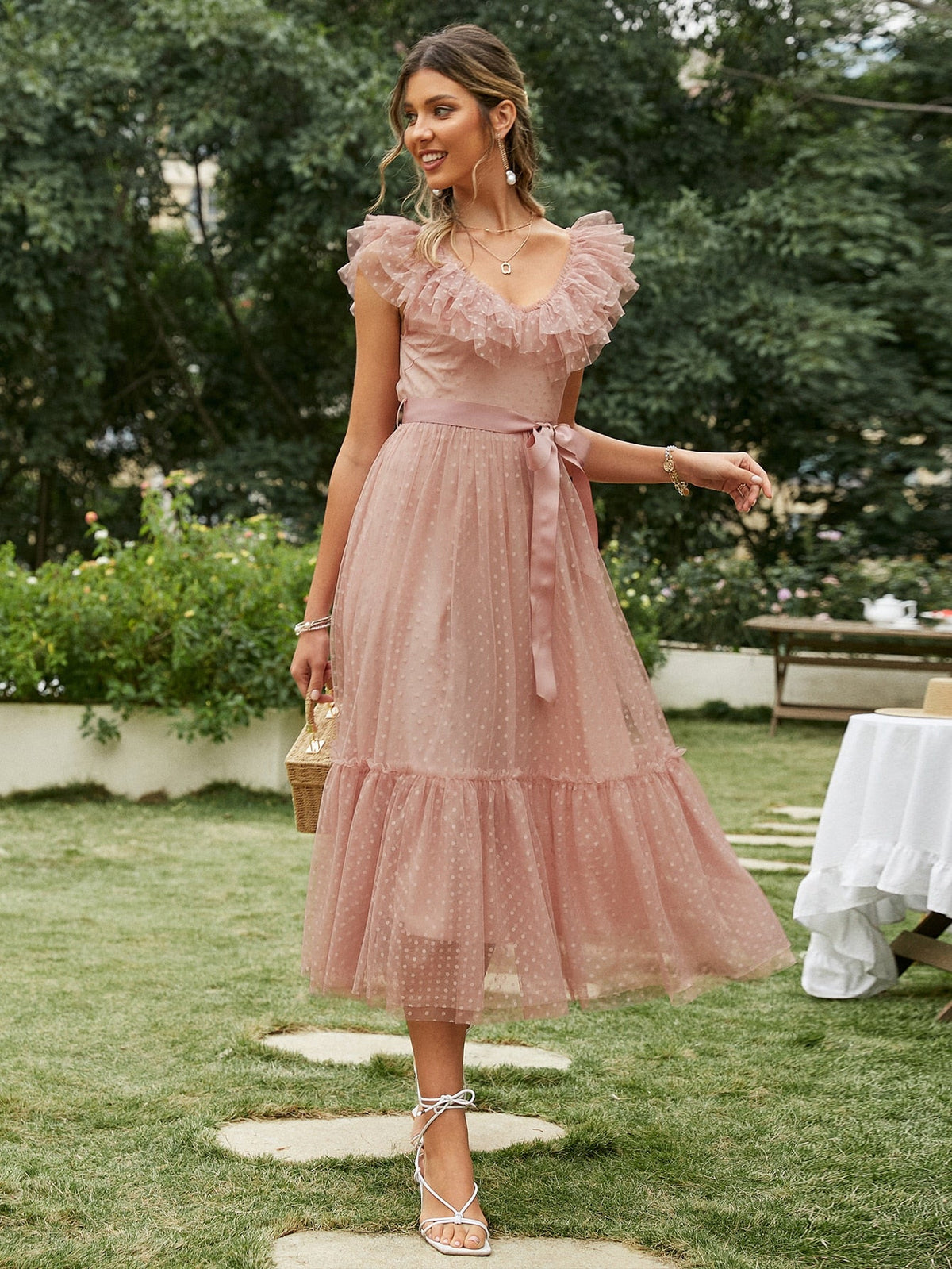 Simplee V-neck mesh polka dot summer tulle party dress women Backless pink ruffle sleeveless dresses Elegant sash maxi vestido