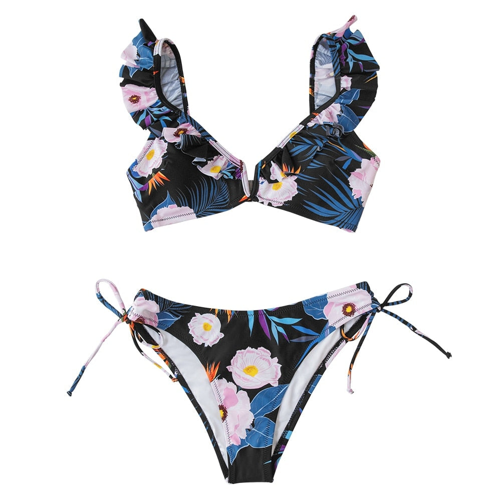 CUPSHE Black Floral Ruffled V Neck Bikini Sets Swimsuit Women Sexy Lace Up Two Pieces Swimwear Girls Beach Bathing Suits