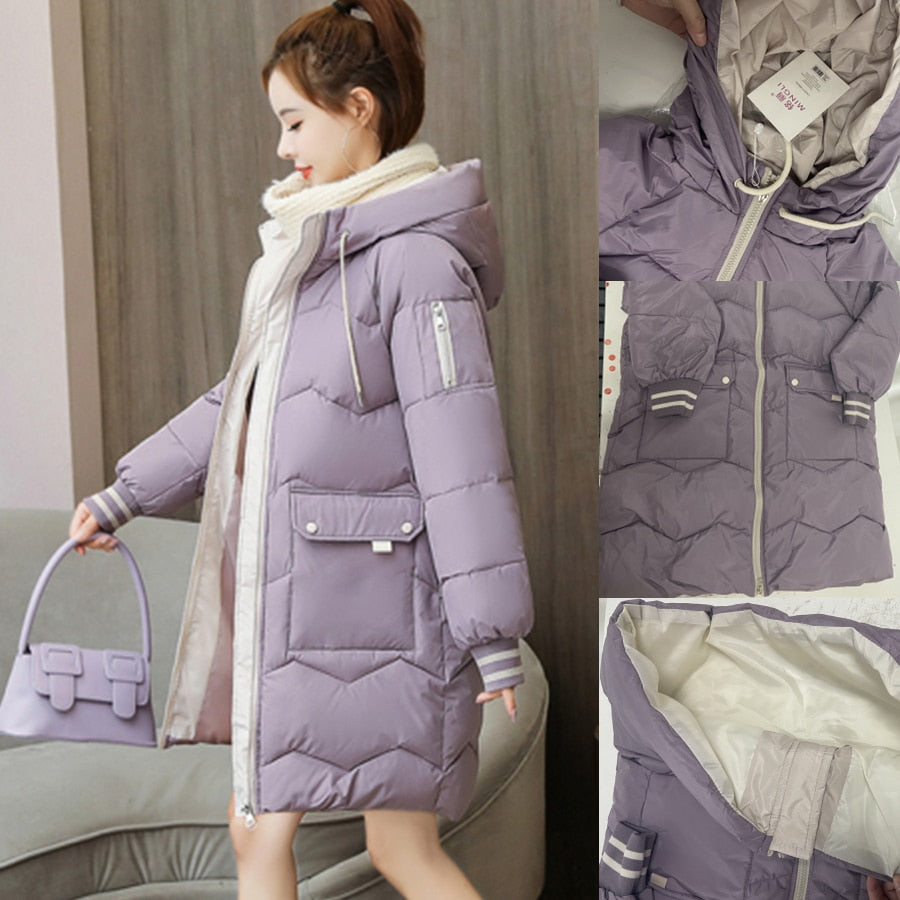 Oversized 4XL Hooded Mid-length Cotton Padded Coat Women Loose Warm Thicken Parka Fluffy Overcoat