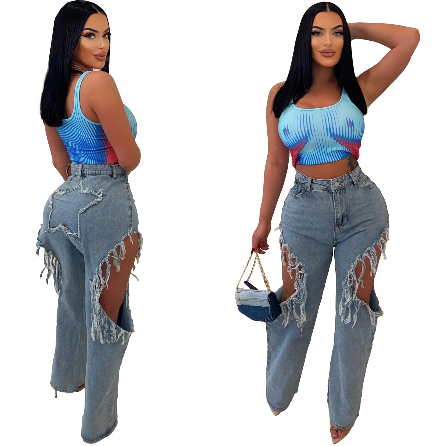 Ripped Women High Waist Tassel Jeans Hole Heart Irregular Denim Trousers Summer Streetwear Casual Wild Straight Pants 2023