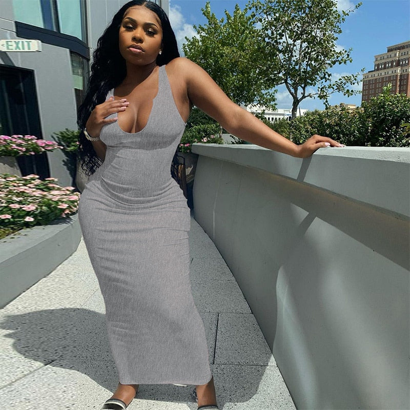 Women Close-fitting Sexy Ribbed Summer Sundress Solid Color Sleeveless Bodycon