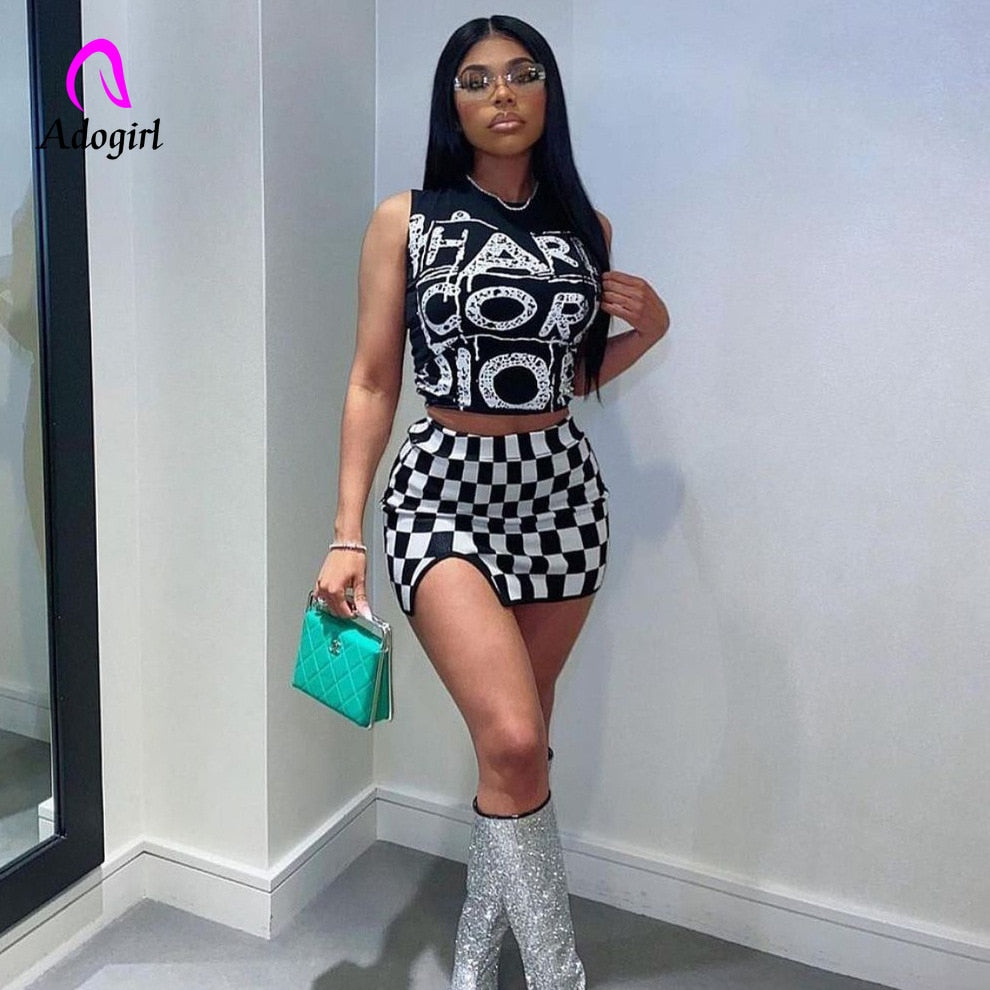 Checkerboard Printed Women 2 Piece Set Sleeveless Tank Top Bodycon Skirts Set