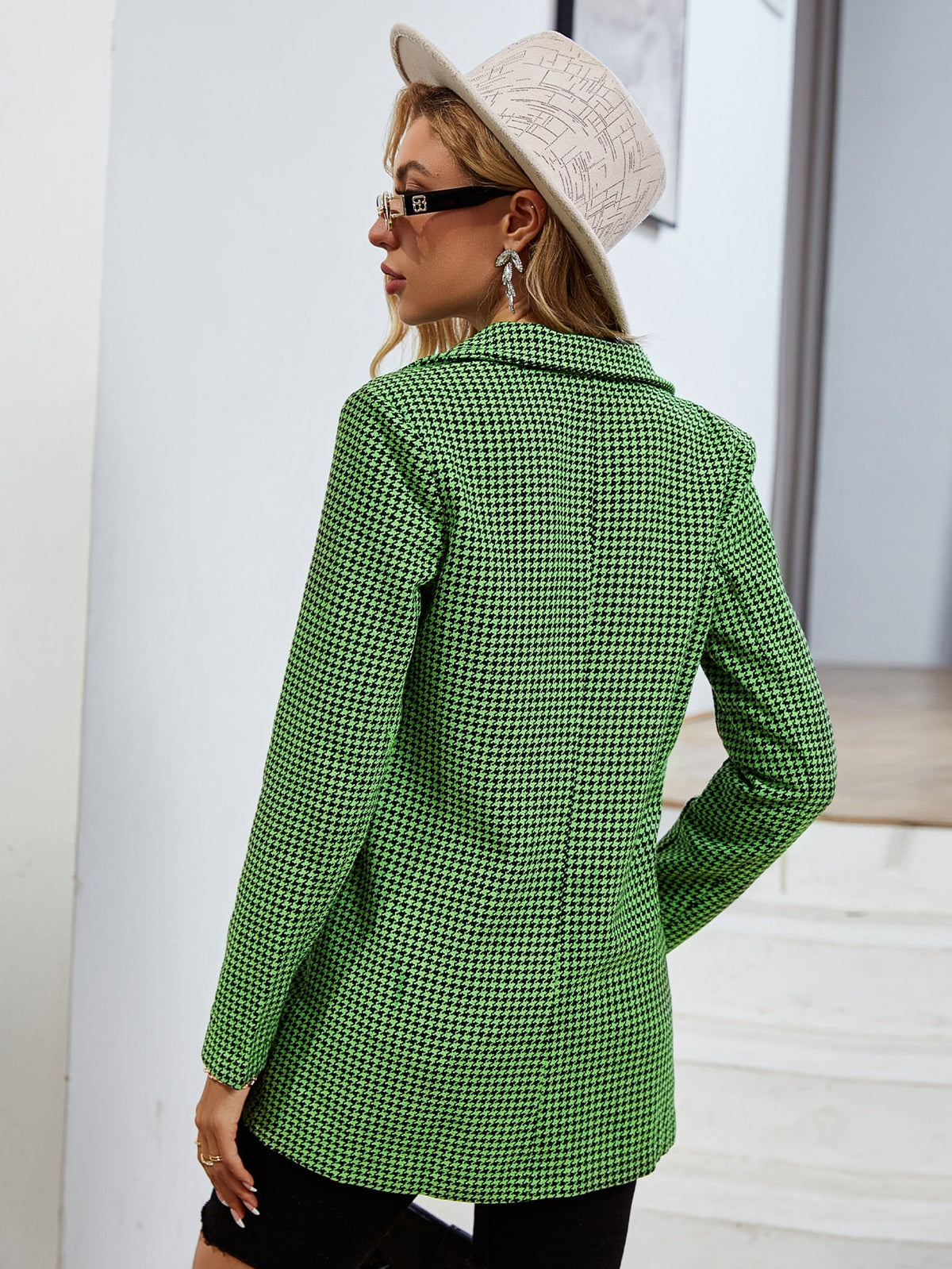 Simplee Houndstooth green pocket office blazer