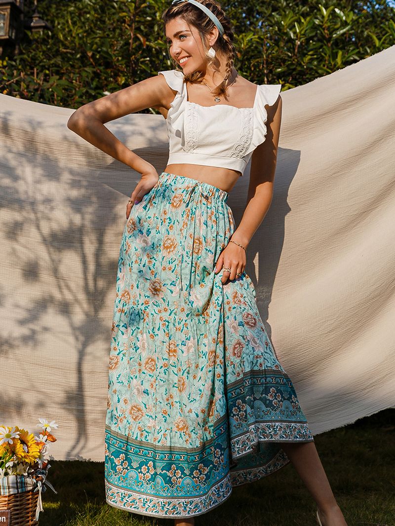 Green bohemian print woman skirts