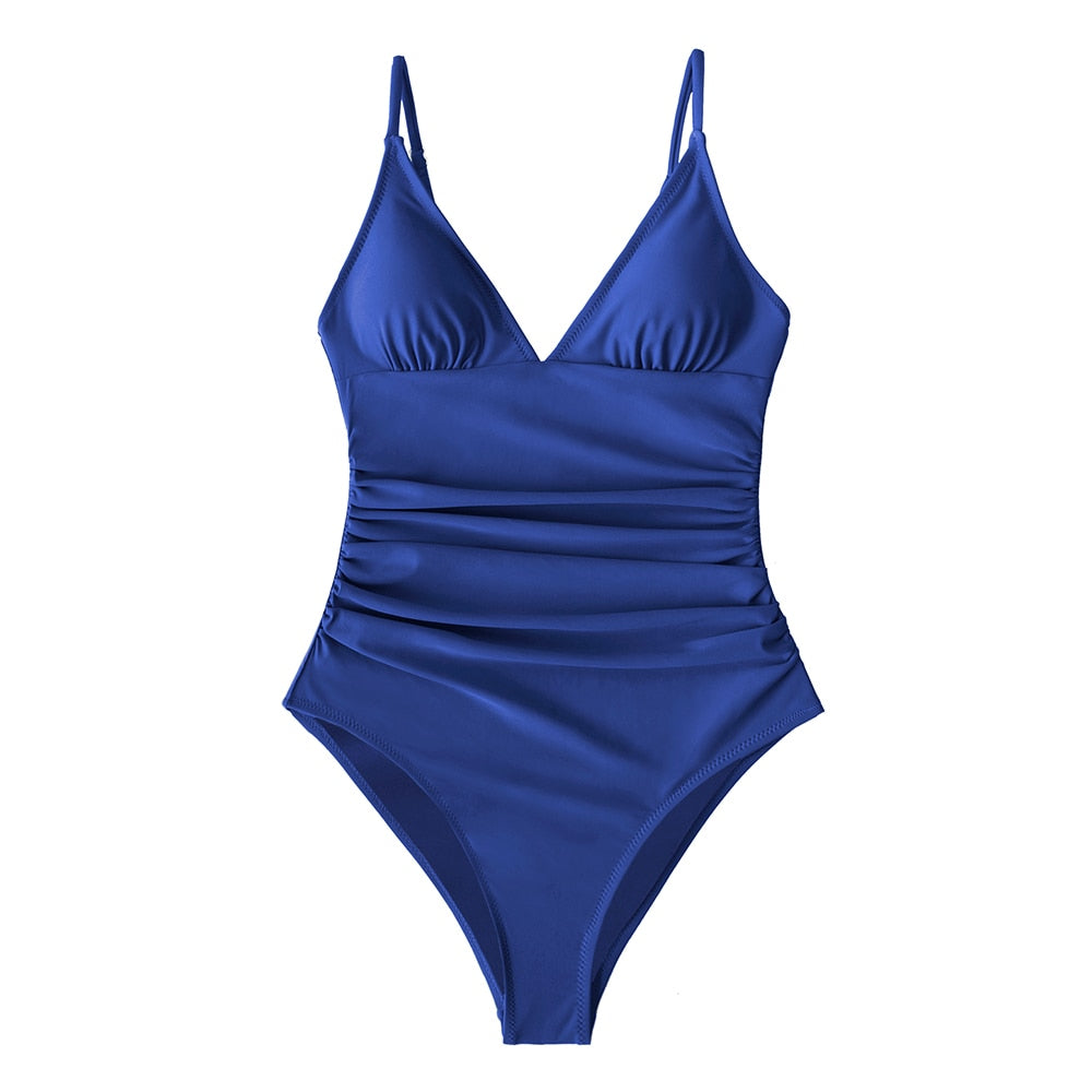 SEASELFIE Sexy Solid Orange Shirring V-neck One-Piece Swimsuit Women Monokini Beach Bathing Suit Swimwear