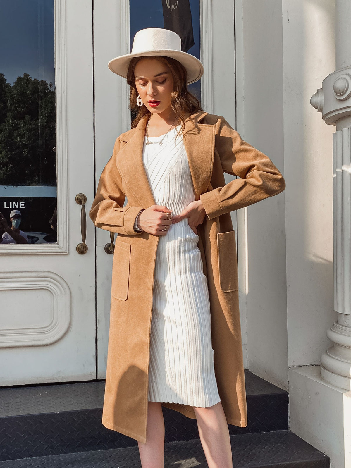Simplee Office lady camel autumn winter female wool coat High street fashion long sleeve coat Elegant pocket outwear with belt