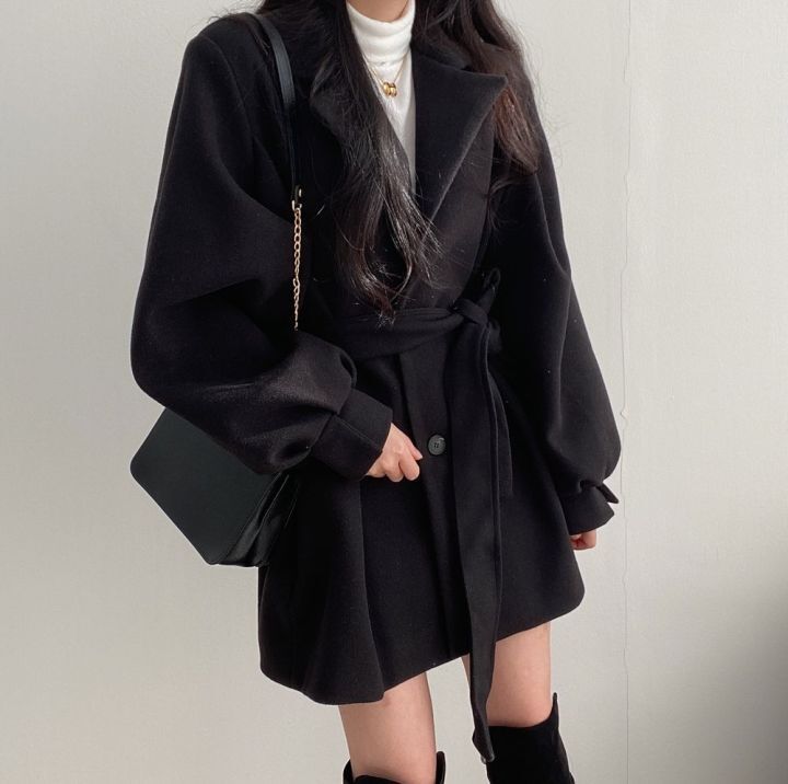 Women Solid Wool Blend Coat Slim Fit Belt Coats