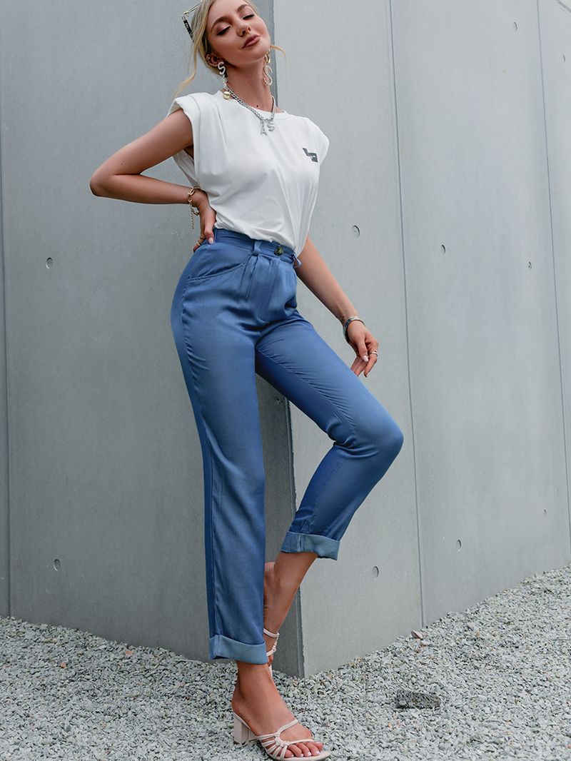 Simplee Loose straight solid button pants