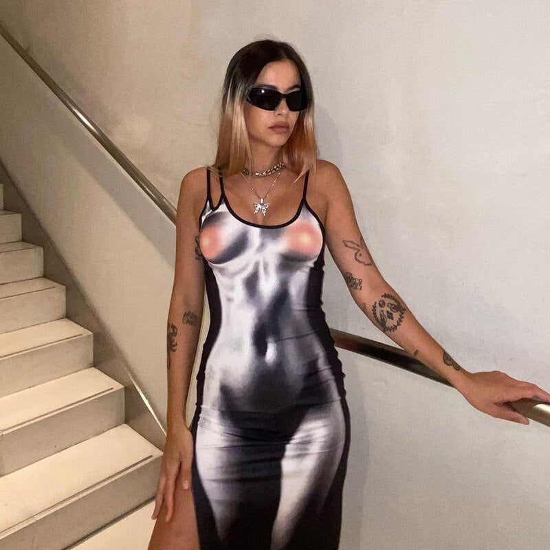 Puloru Sexy Spaghetti Straps Bodycon Midi Dress