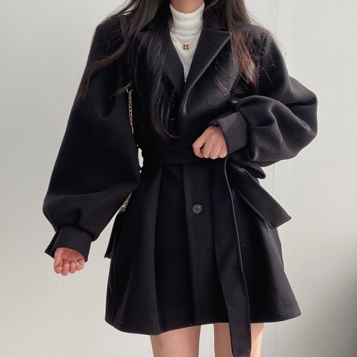 Women Solid Wool Blend Coat Slim Fit Belt Coats