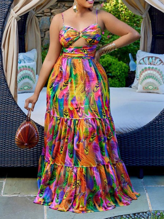 Abstract Print O-Ring Cutout Spaghetti Strap Cami Maxi Summer Dress Women