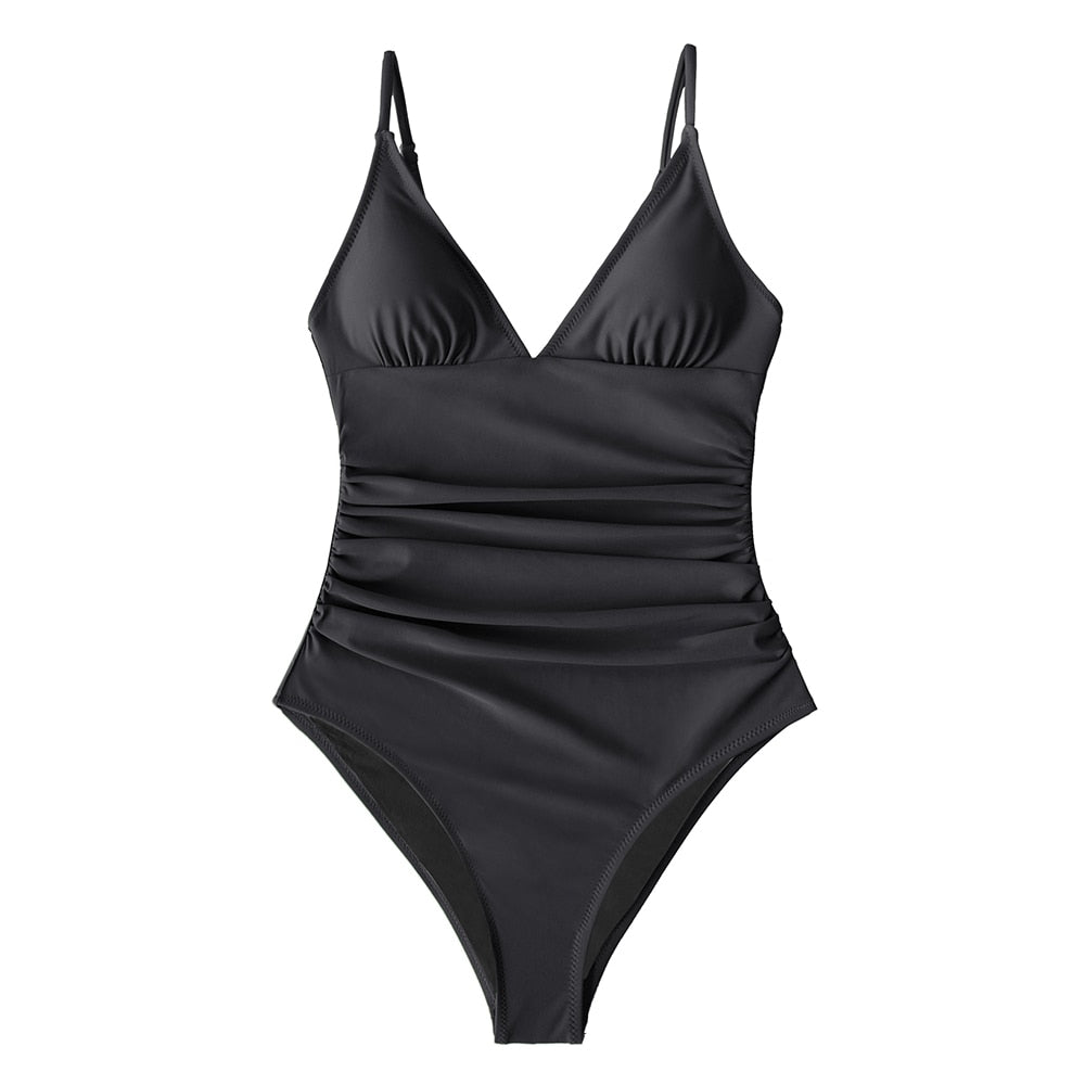 SEASELFIE Sexy Solid Orange Shirring V-neck One-Piece Swimsuit Women Monokini Beach Bathing Suit Swimwear