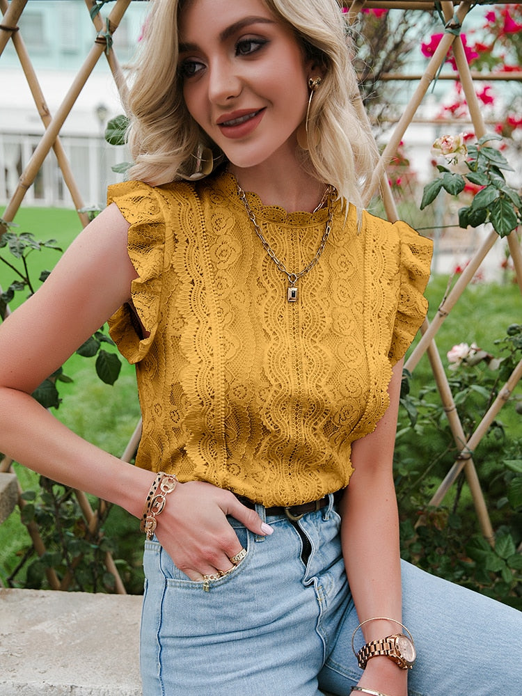 Simplee Elegant white lace stitching sleeveless top Casual Solid O-neck ruffle summer women Tshirt Fashion Office lady short top