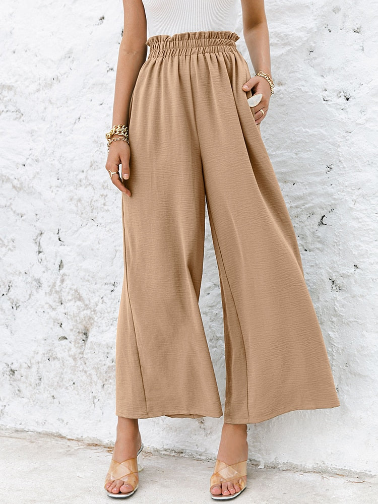 Simplee Solid color high waist wide leg pants
