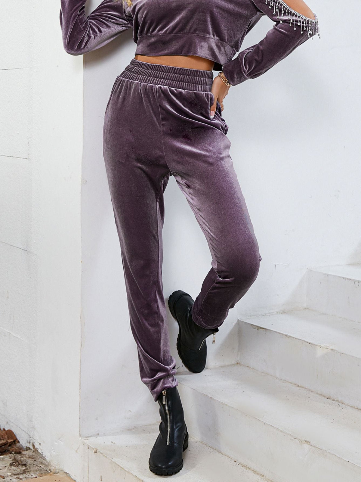 Simplee Casual hollow out tassel velvet long sleeve hooded tracksuit women Crop top