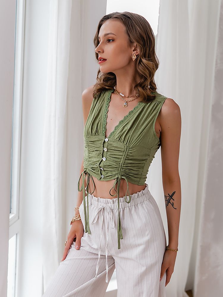 Simplee Sexy Green Deep V-Neck Sling Women Short Tops