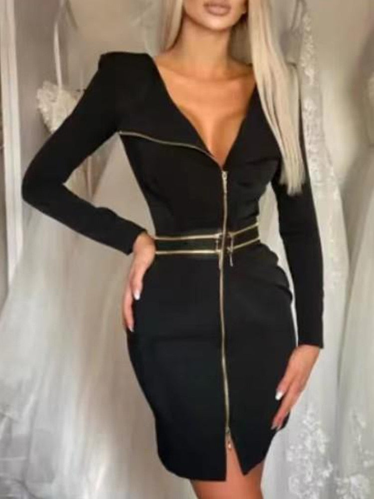 Zipper Design Sexy V Neck Slim Black Dress Women Long Sleeve Elegant Work Dress